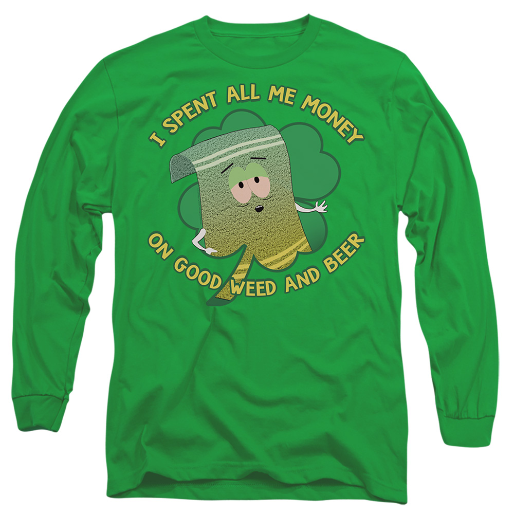 STHPK10015SPD-AL-3 South Park St. Patricks Day Towelie Spent Money Adult Long Sleeve T-Shirt, Kelly Green - Large