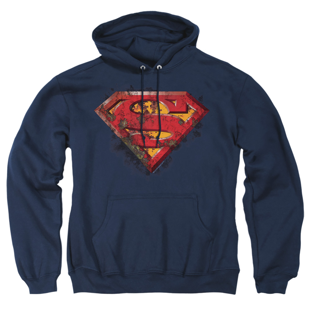 SM973-AFTH-2 Superman Rusted Shield Adult Pullover Hoodie, Navy - Medium