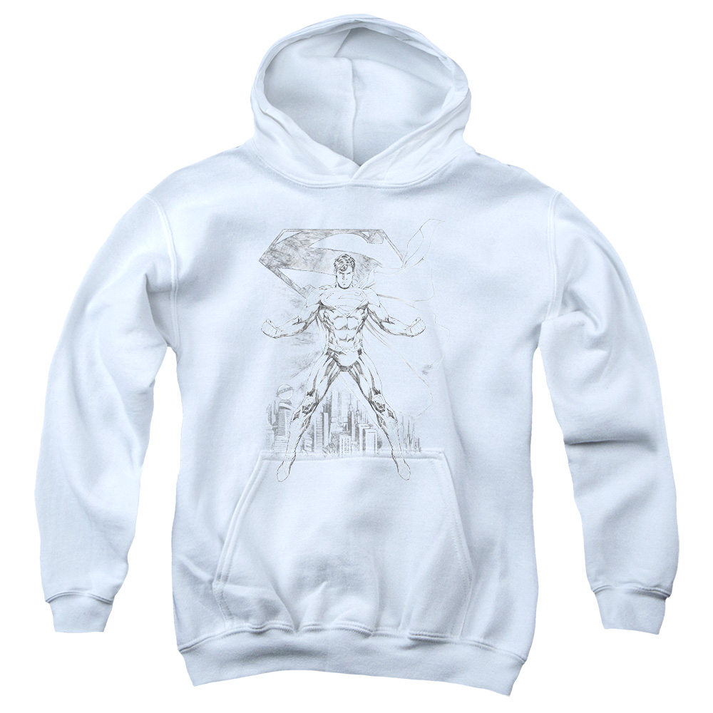 SM2034-YFTH-2 Superman Super Sketch Youth Hooded Sweatshirt, White - Medium