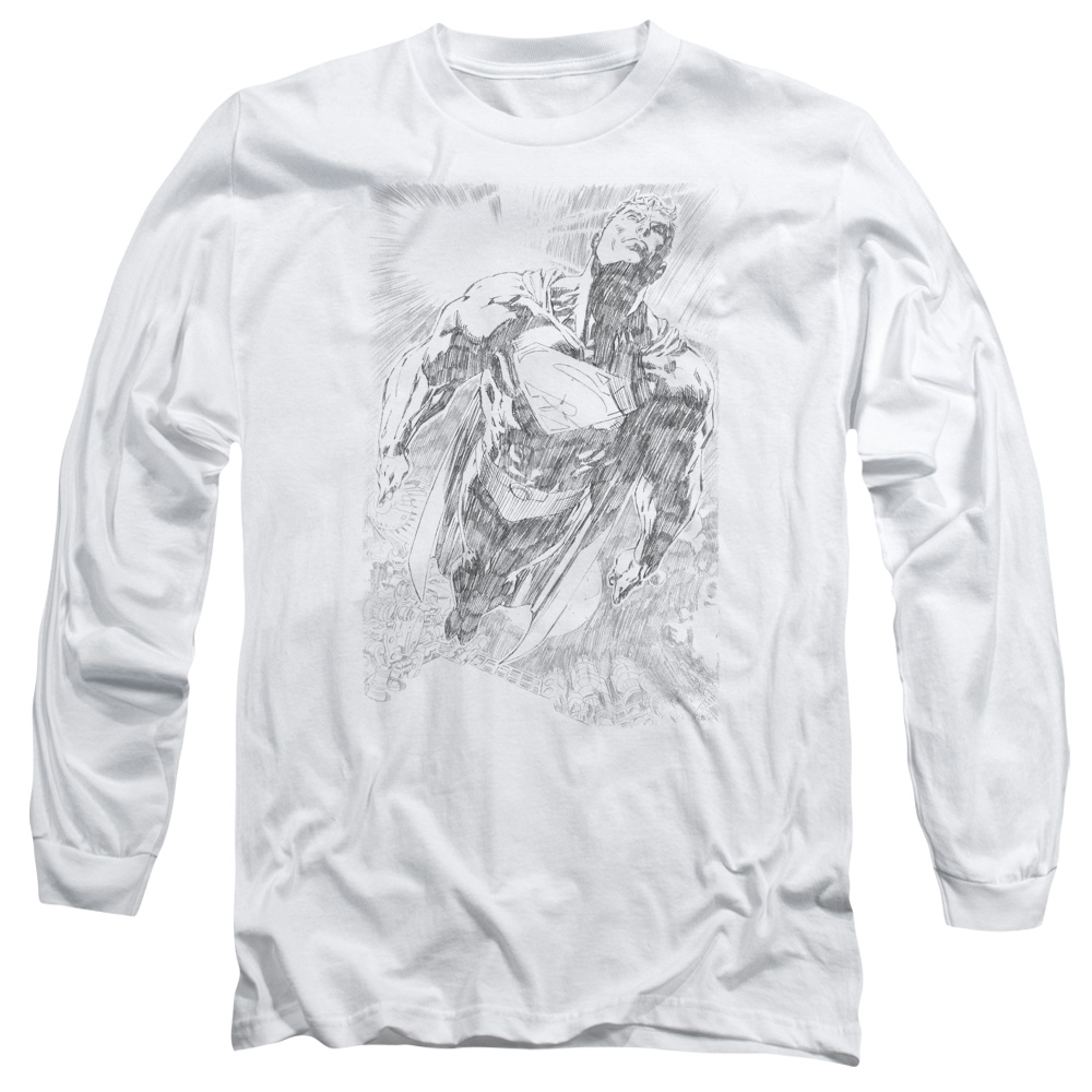 SM2037-AL-5 Superman Exploding Space Sketch Adult Long Sleeve T-Shirt, White - 2X