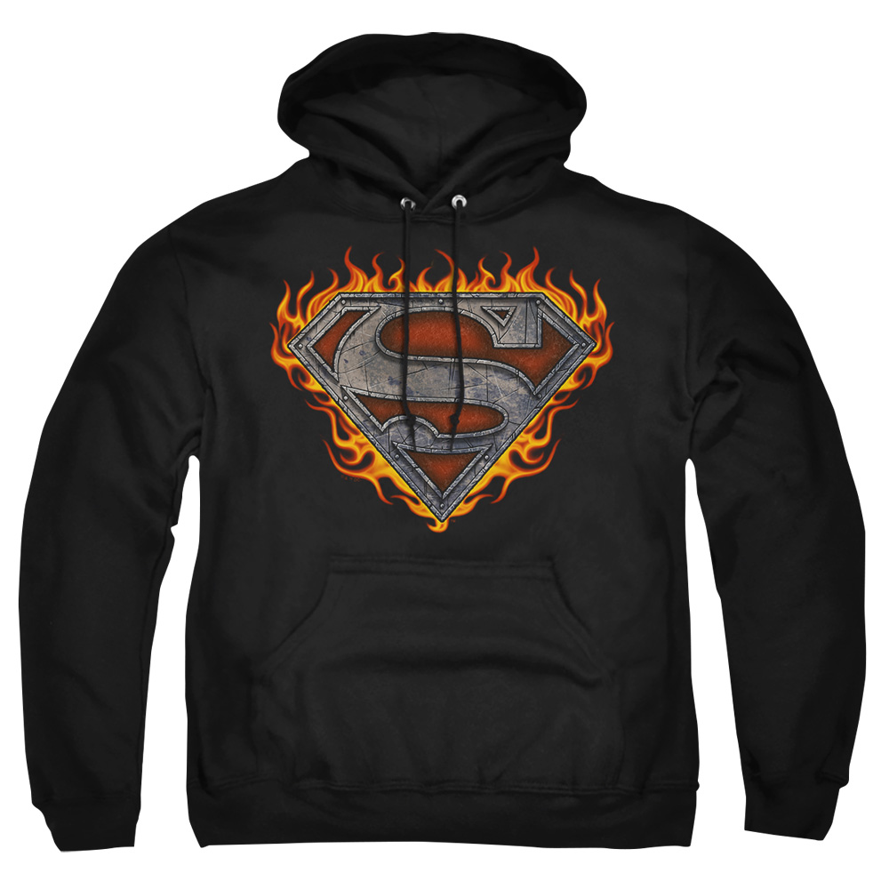 SM2011B-AFTH-7 Superman Iron Fire Shield Adult Pullover Hoodie, Black - 4X