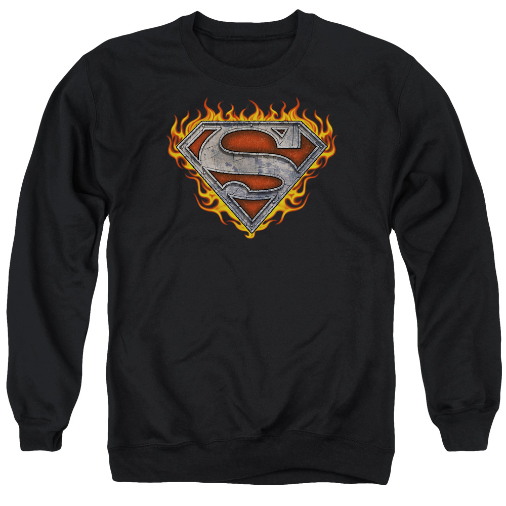 SM2011B-AS-1 Superman Iron Fire Shield Adult Crewneck Sweatshirt, Black - Small