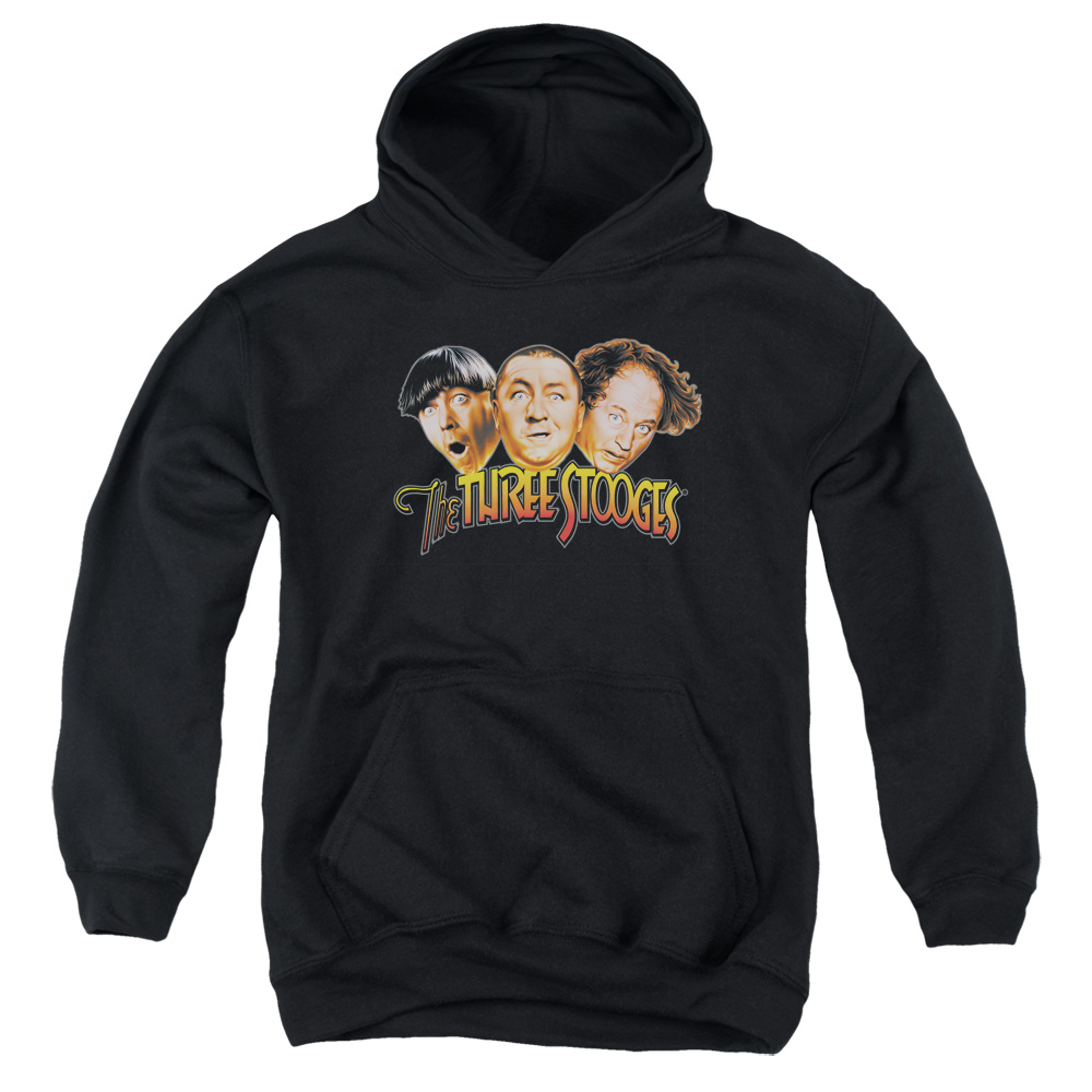TTS122-YFTH-2 Three Stooges Head Logo Youth Hooded Sweatshirt, Black - Medium