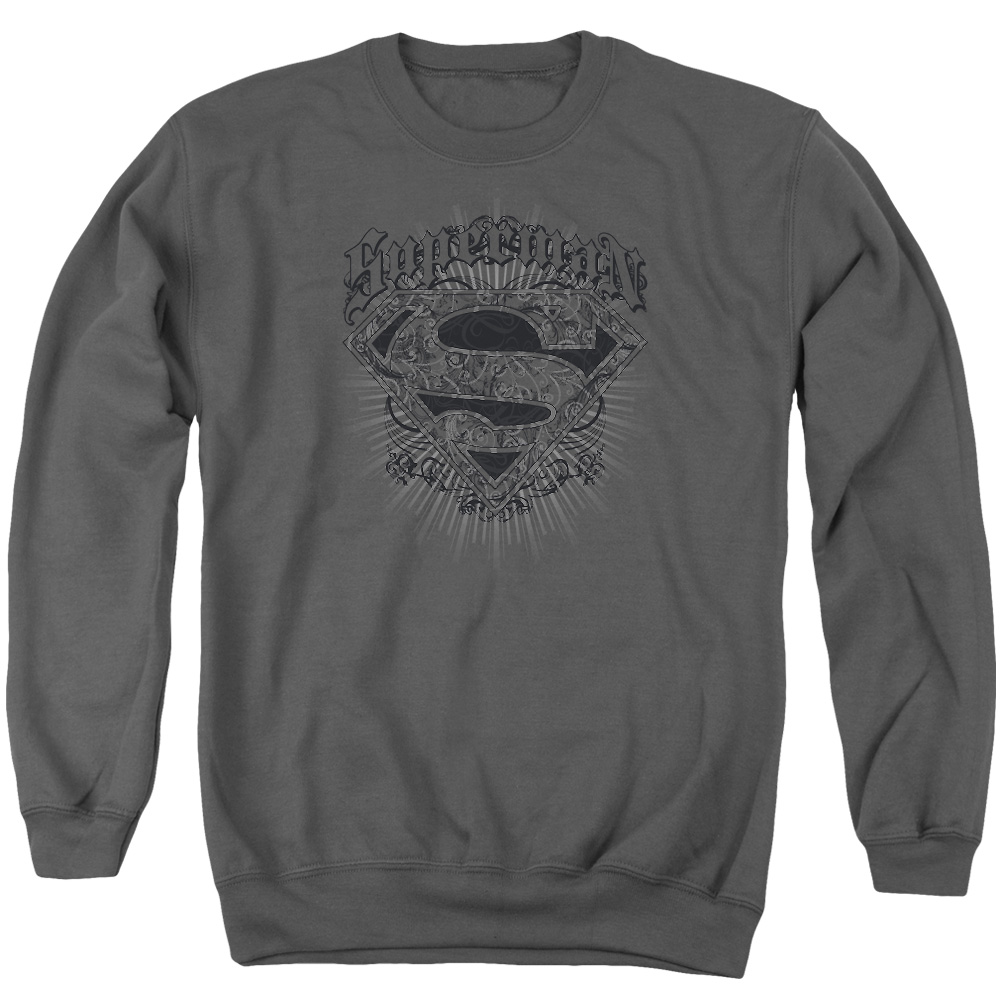 SM1981-AS-5 Superman Scrolling Shield Adult Crewneck Sweatshirt, Charcoal - 2X