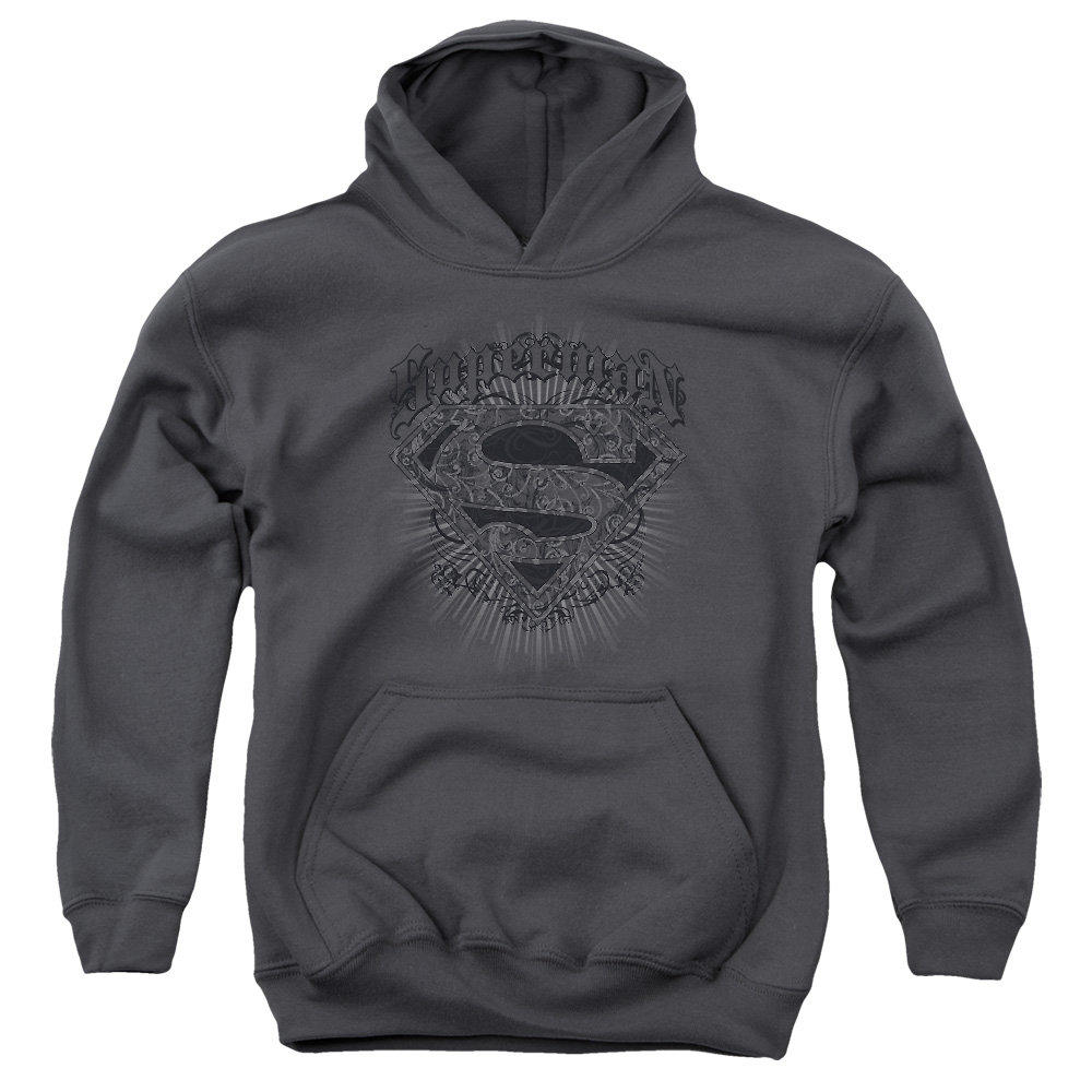 SM1981-YFTH-4 Superman Scrolling Shield Youth Hooded Sweatshirt, Charcoal - Extra Large