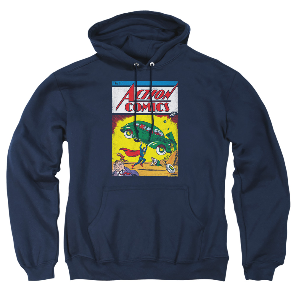 SM2205-AFTH-4 Superman Action No.1 Adult Pullover Hoodie, Navy - Extra Large