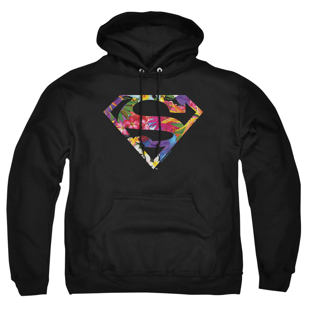 SM2238-AFTH-7 Superman Hawaiian Shield Adult Pullover Hoodie, Black - 4X