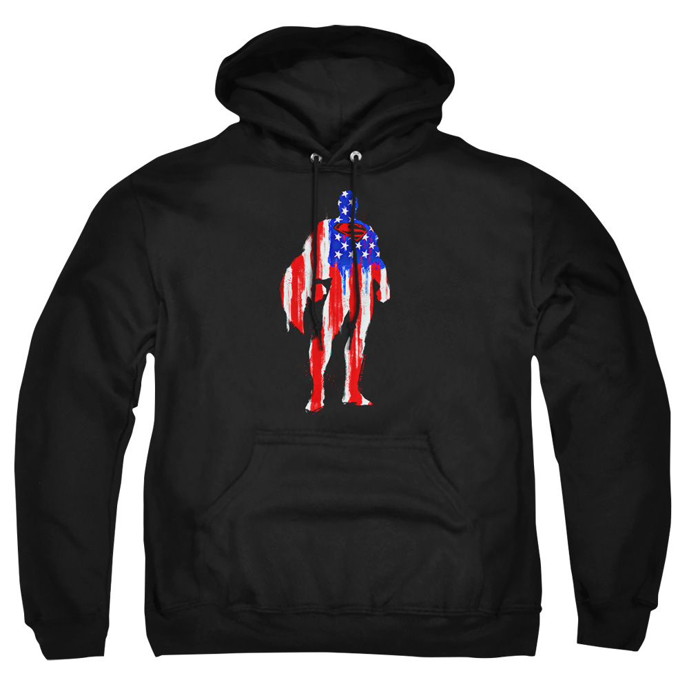 SM2503-AFTH-3 Superman Flag Silhouette Adult Pullover Hoodie, Black - Large