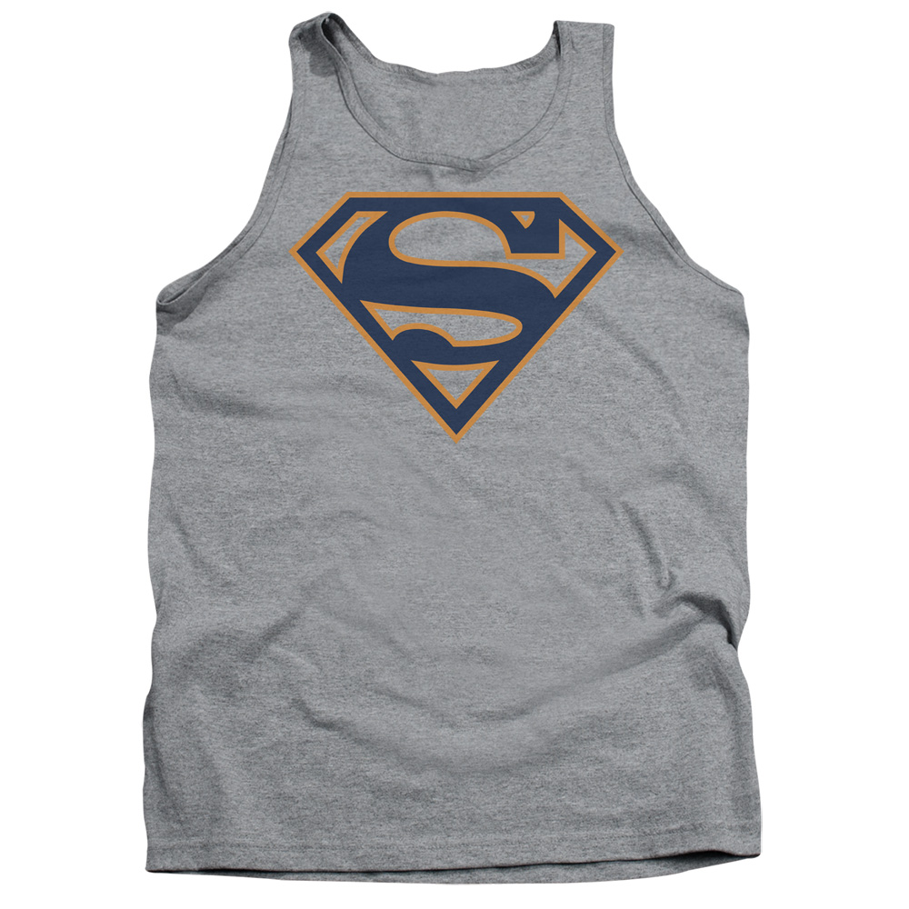 SM1480-TK-2 Superman Navy & Orange Shield Adult Tank Top, Athletic Heather - Medium