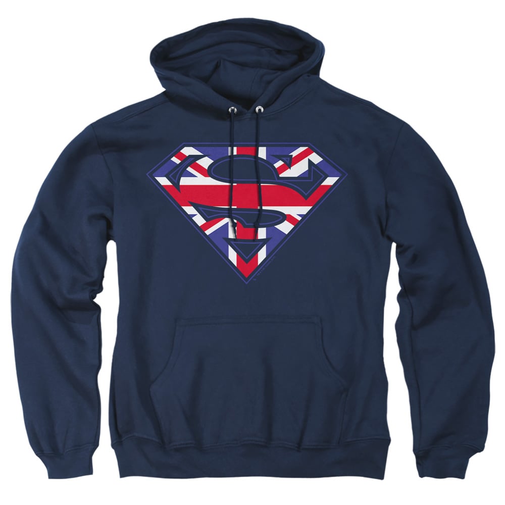 SM1565-AFTH-4 Superman Great Britian Shield Adult Pullover Hoodie, Navy - Extra Large