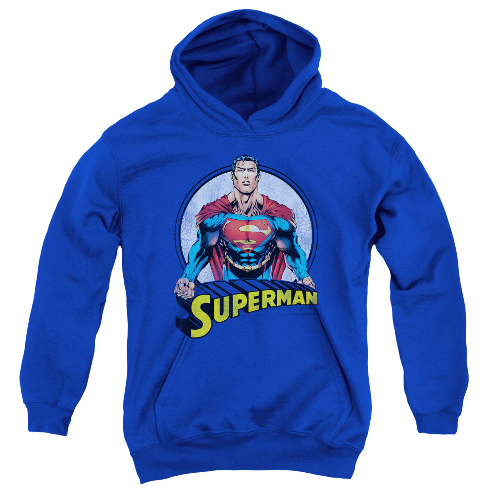 SM1798-YFTH-2 Superman Flying High Again Youth Hooded Sweatshirt, Royal - Medium