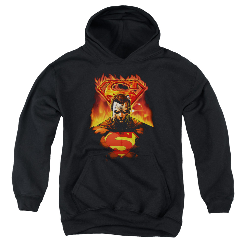 SM1803-YFTH-2 Superman Man On Fire Youth Hooded Sweatshirt, Black - Medium