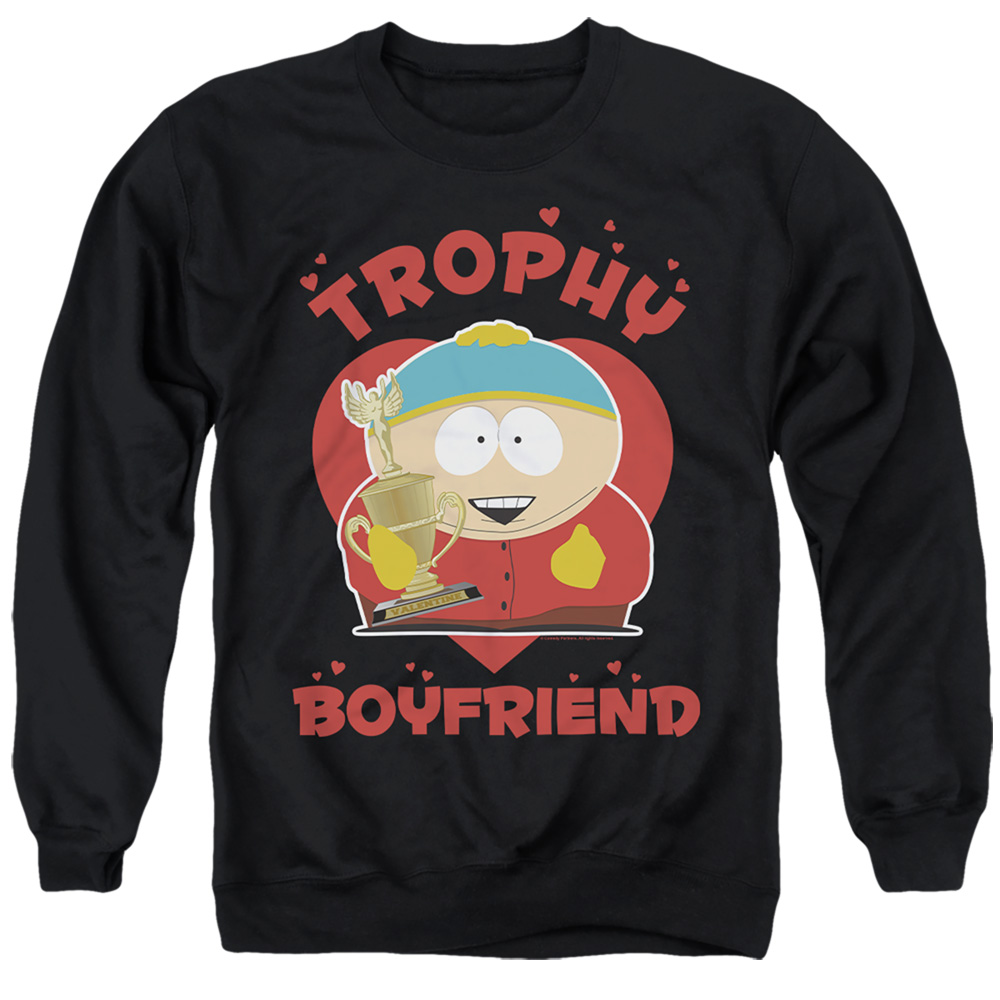 STHPK10013VAL-AS-3 South Park Valentines Day Cartman Trophy Boyfriend Adult Crewneck Sweatshirt, Black - Large