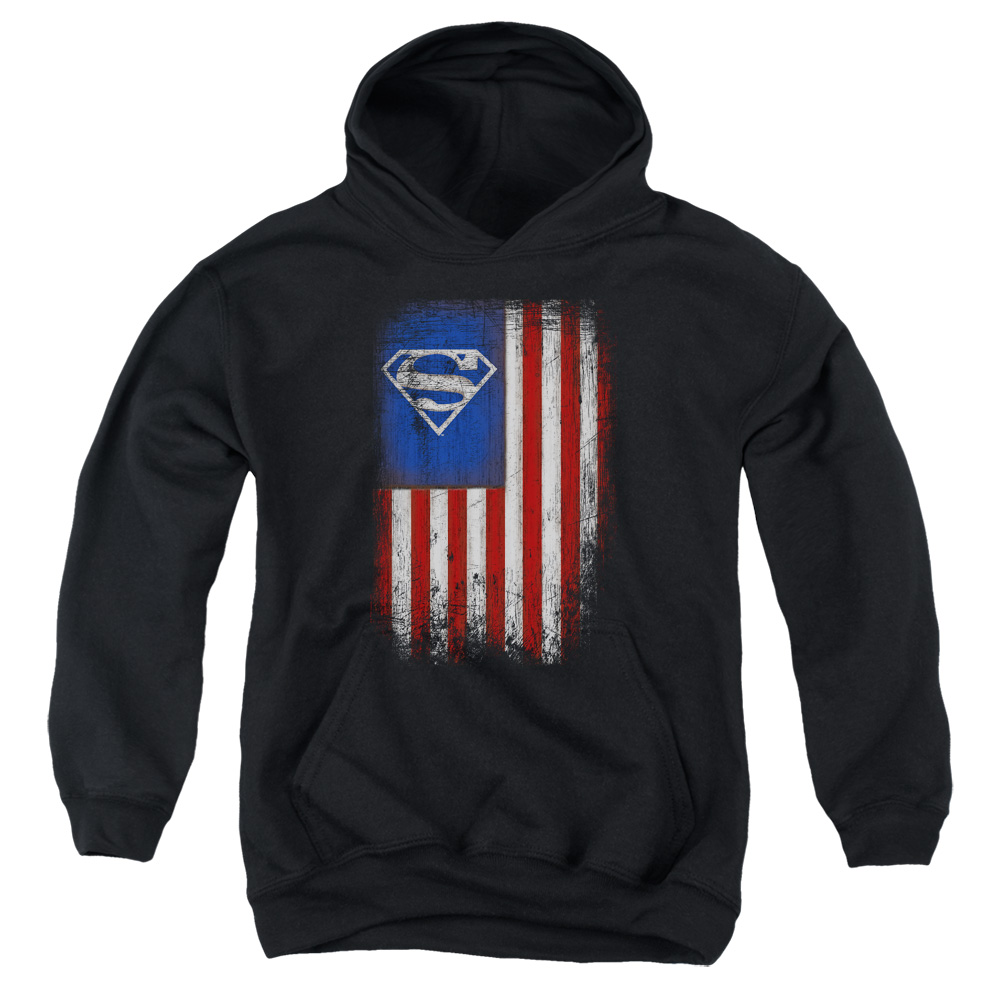 SM2501-YFTH-4 Superman Old Glory Shield Youth Hooded Sweatshirt, Black - Extra Large