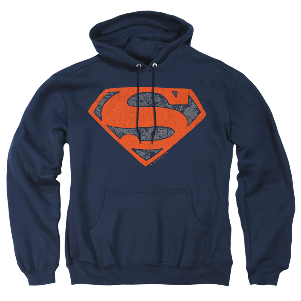 SM2521-AFTH-5 Superman Vintage Shield Collage Adult Pullover Hoodie, Navy - 2X