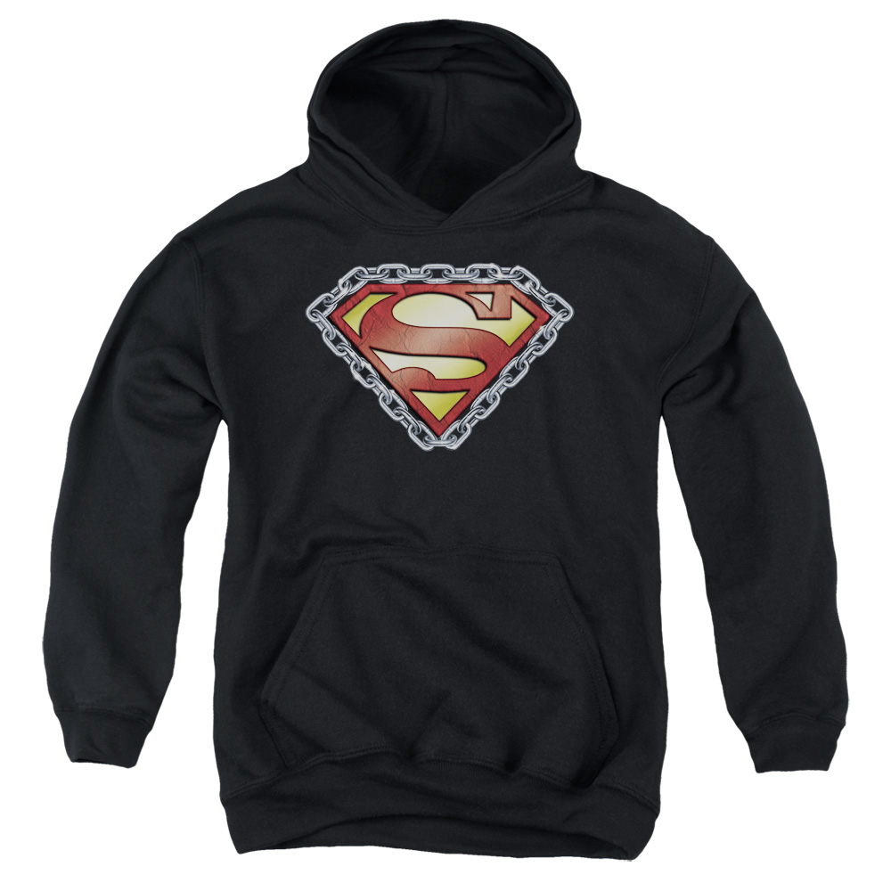 SM762-YFTH-3 Superman Chained Shield Youth Hooded Sweatshirt, Black - Large