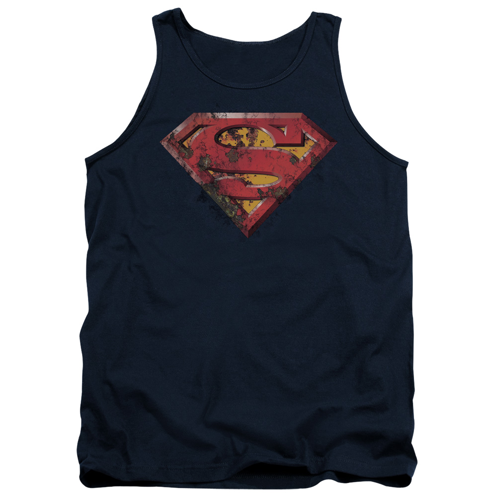 SM973-TK-2 Superman Rusted Shield Adult Tank Top, Navy - Medium