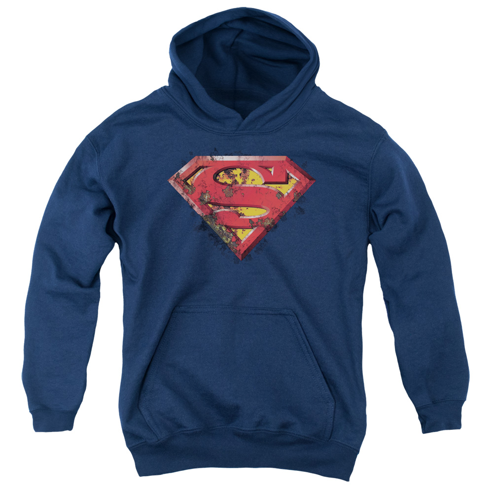 SM973-YFTH-2 Superman Rusted Shield Youth Hooded Sweatshirt, Navy - Medium