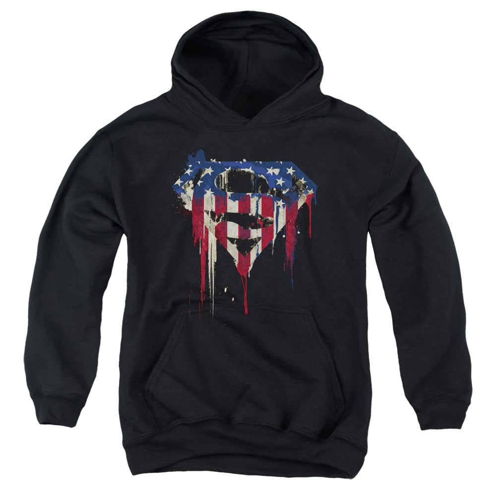 SM2369-YFTH-1 Superman Bleeding Shield Youth Hooded Sweatshirt, Black - Small