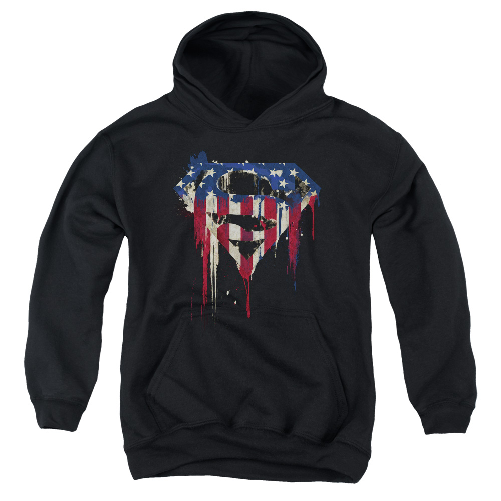 SM2369-YFTH-2 Superman Bleeding Shield Youth Hooded Sweatshirt, Black - Medium