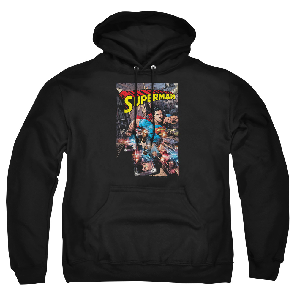 SM2370-AFTH-3 Superman Action One Adult Pullover Hoodie, Black - Large