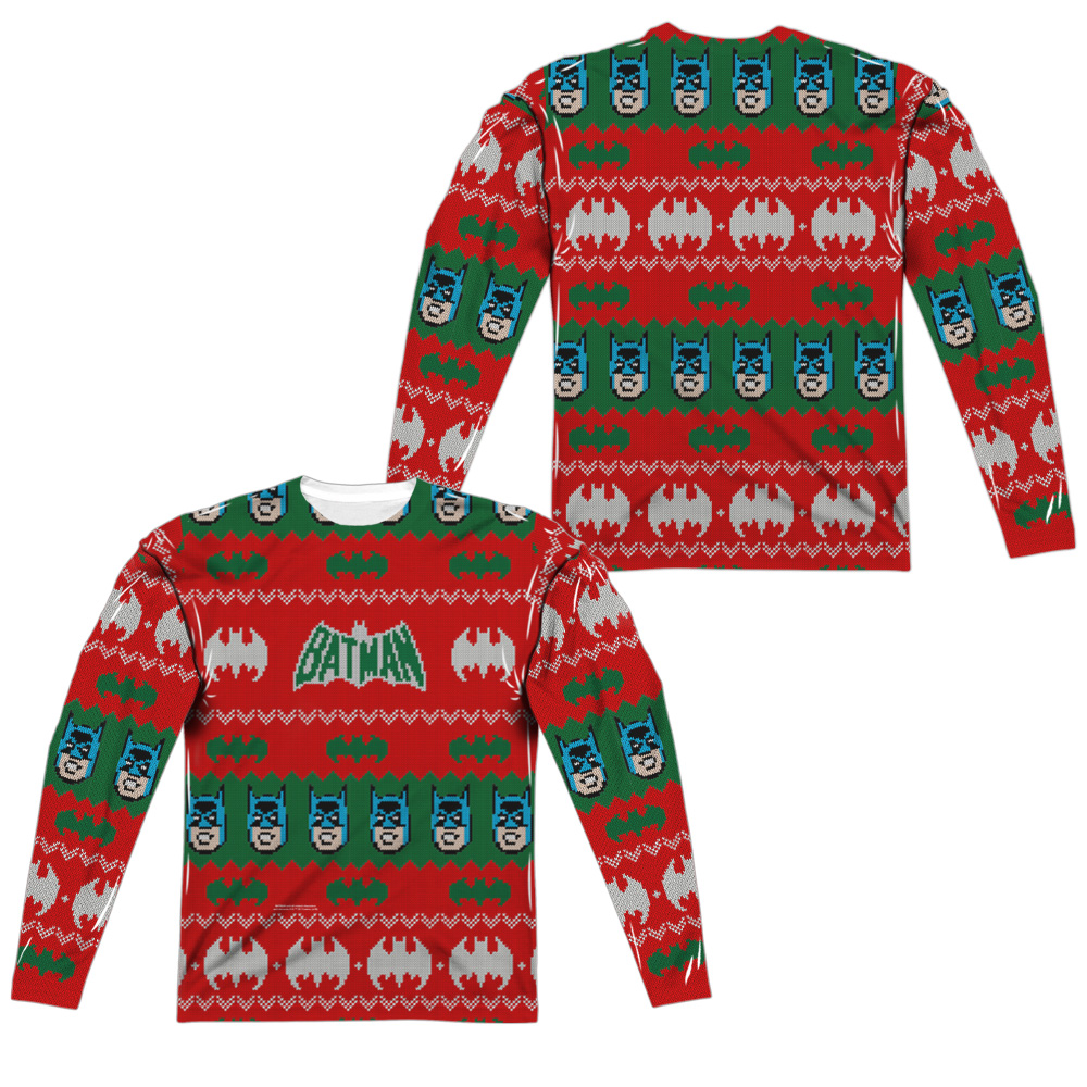 BM2713FB-ALPP-2 Batman Bat Sweater Front & Back Print-Long Sleeve Adult Poly Crew Sublimation T-Shirt, White - Medium