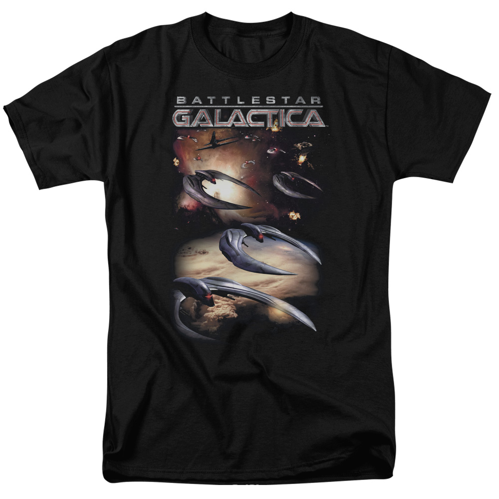 BSG252-AT-3 Battlestar Galactica New When Cylons Attack-S by S Adult Short Sleeve Shirt, Black - Large