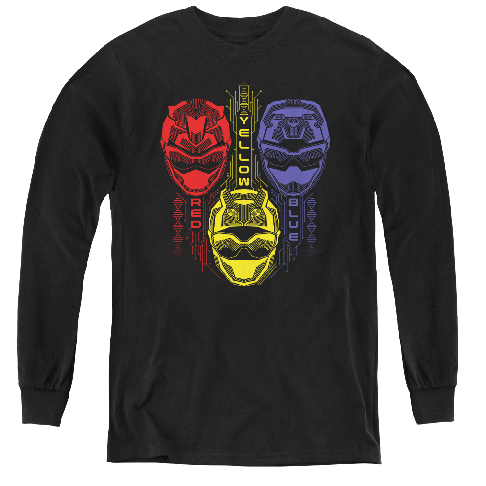 PWR2401-YL-1 Power Rangers & Red Yellow Blue Print Youth Long Sleeve T-Shirt, Black - Small