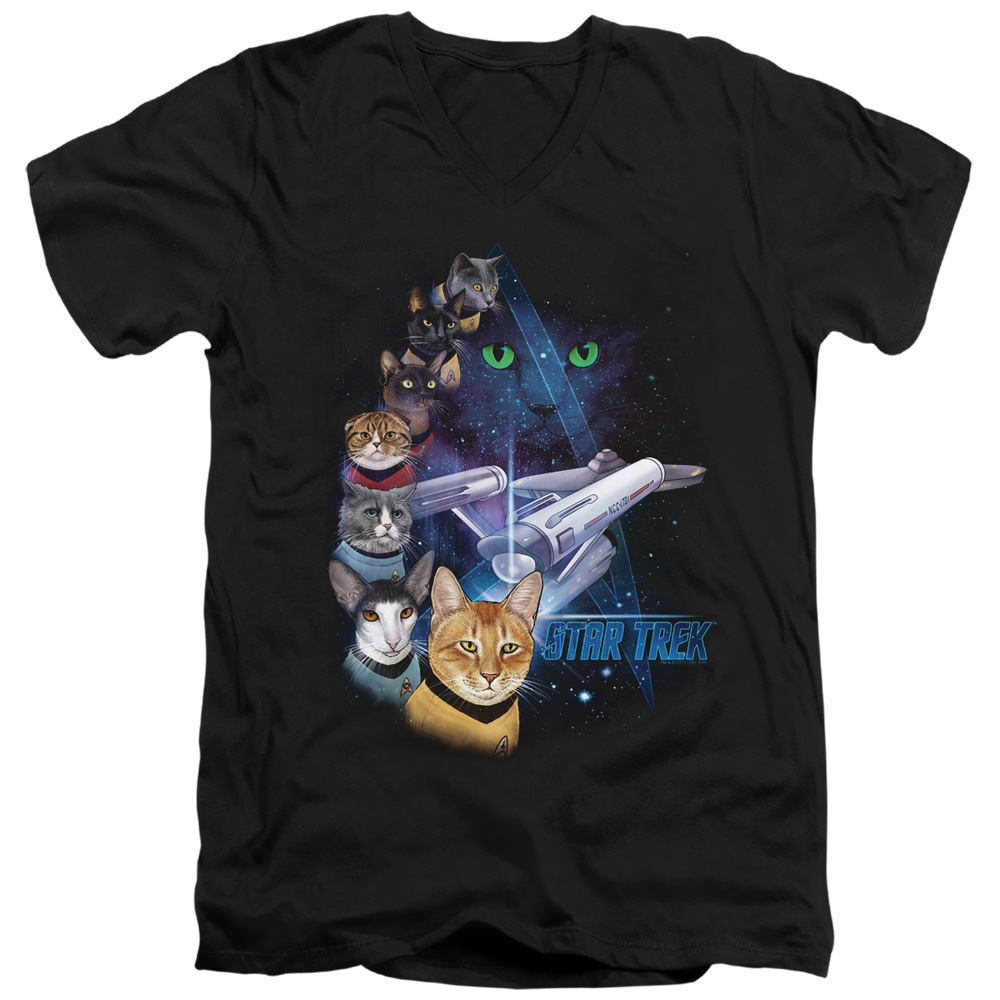 Star Trek & Feline Galaxy Adult Slim Fit V-Neck 30 by 1 Short Sleeve T-Shirt, Black - Extra Large