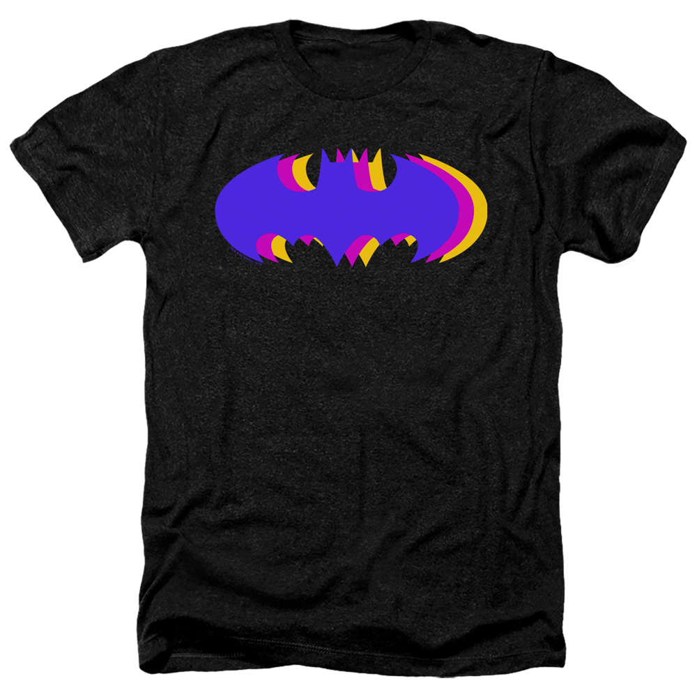 Batman & Tri Colored Symbol-Adult Heather Short Sleeve T-Shirt, Black - Medium