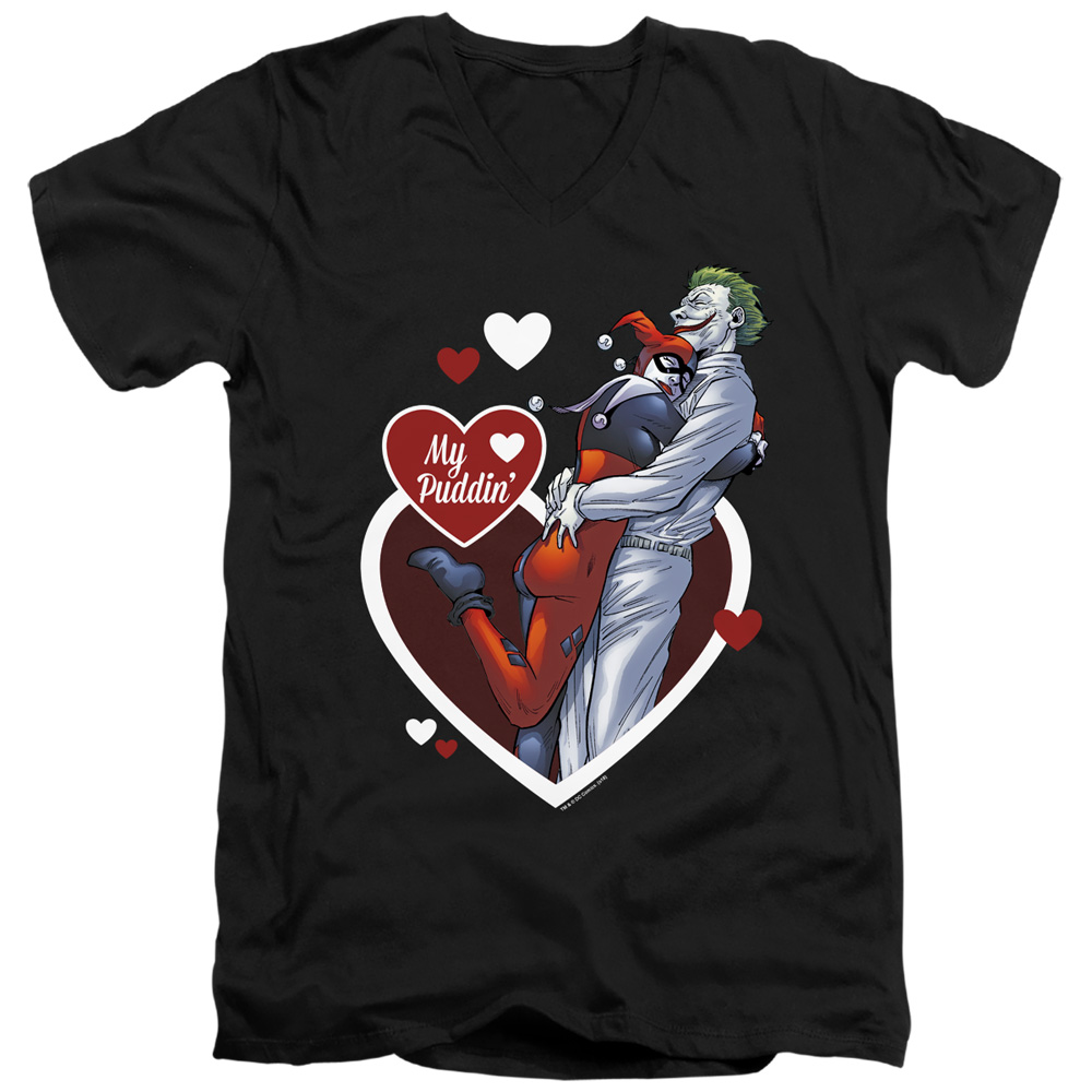 Batman & My Puddin Short Sleeve Adult V-Neck 30-1 T-Shirt, Black - Large