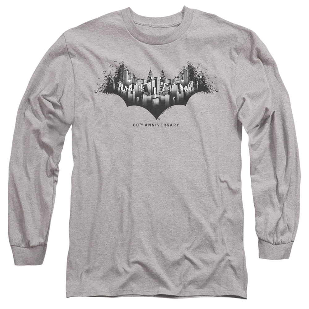 Batman Gotham Shield-Long Sleeve Adult 18-1 T-Shirt, Athletic Heather - Medium