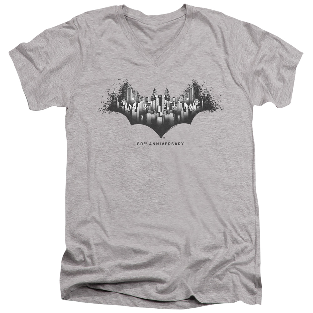 Batman Gotham Shield Short Sleeve Adult V-Neck 30-1 T-Shirt, Athletic Heather - Large