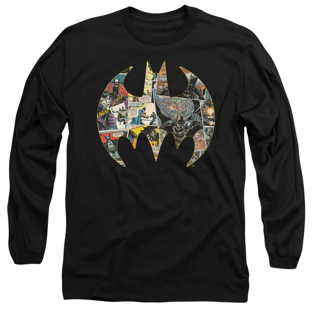 Batman Collage Shield-Long Sleeve Adult 18-1 T-Shirt, Black - Medium