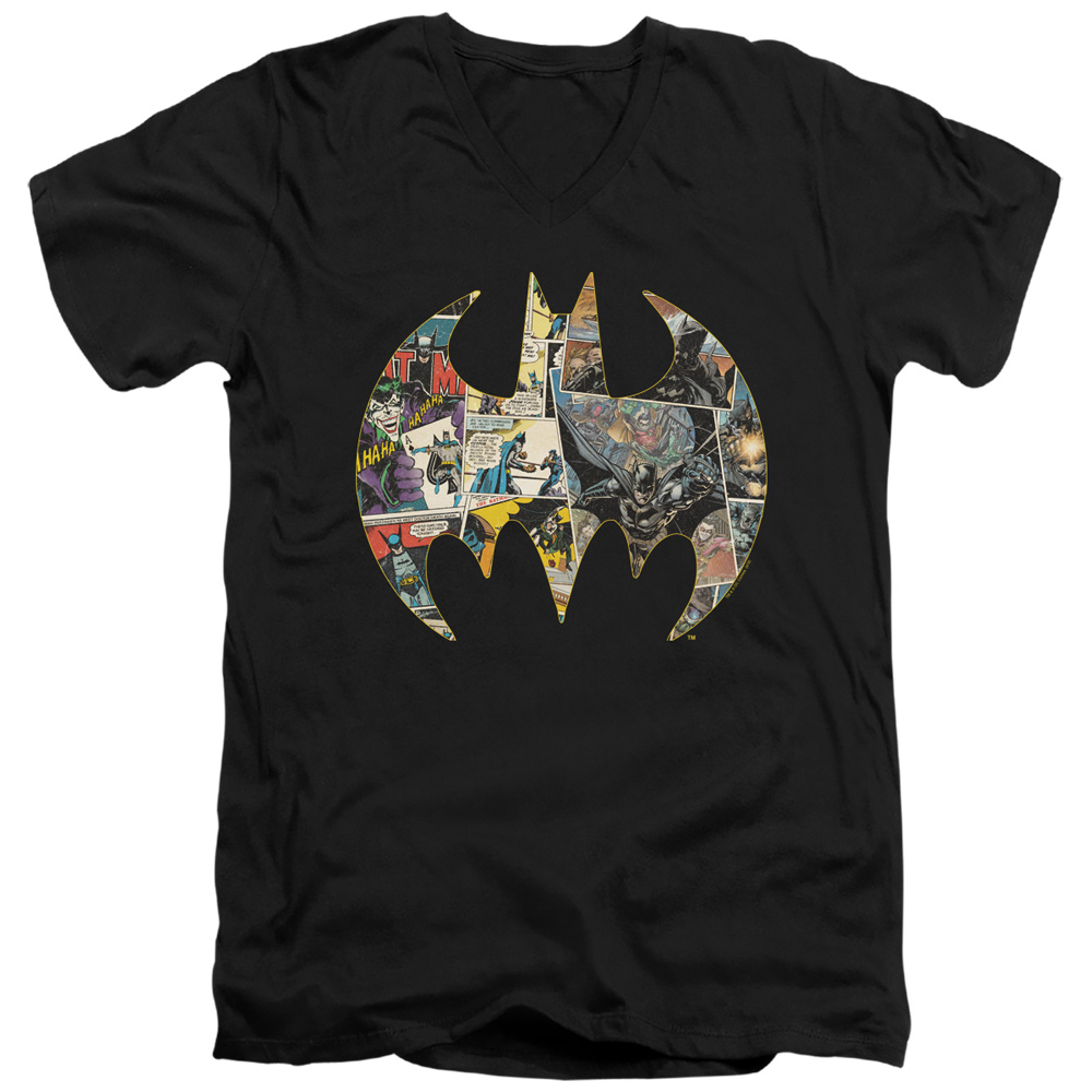 Batman Collage Shield Short Sleeve Adult V-Neck 30-1 T-Shirt, Black - Medium