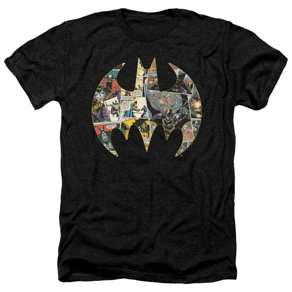 Batman Collage Shield-Adult Heather T-Shirt, Black - 2X