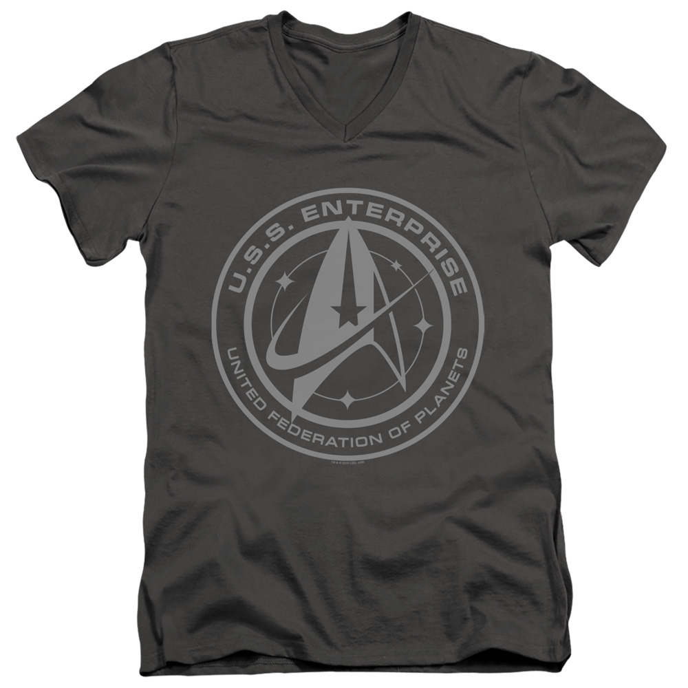 Star Trek Discovery & Enterprise Crest-Short Sleeve Adult 30-1 V-Neck T-Shirt, Charcoal - Large
