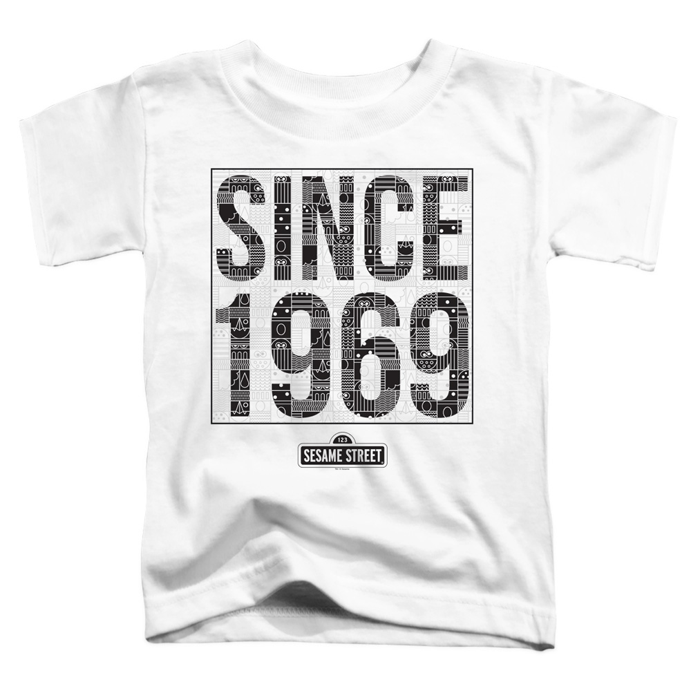 SST270-TT-3 Sesame Street & Since 1969 Pattern-Short Sleeve Toddler Tee, White - Large 4T