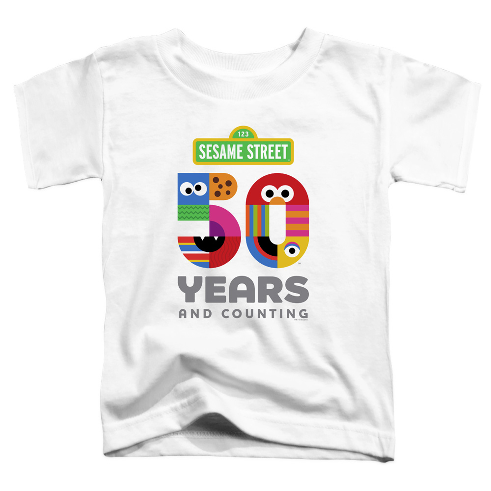 SST264-TT-1 Sesame Street & 50 Years Logo-Short Sleeve Toddler Tee, White - Small 2T