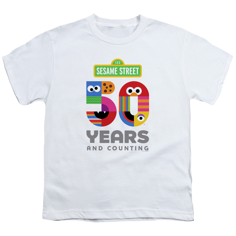 SST264-YT-3 Sesame Street & 50 Years Logo-Short Sleeve Youth 18-1 T-Shirt, White - Large