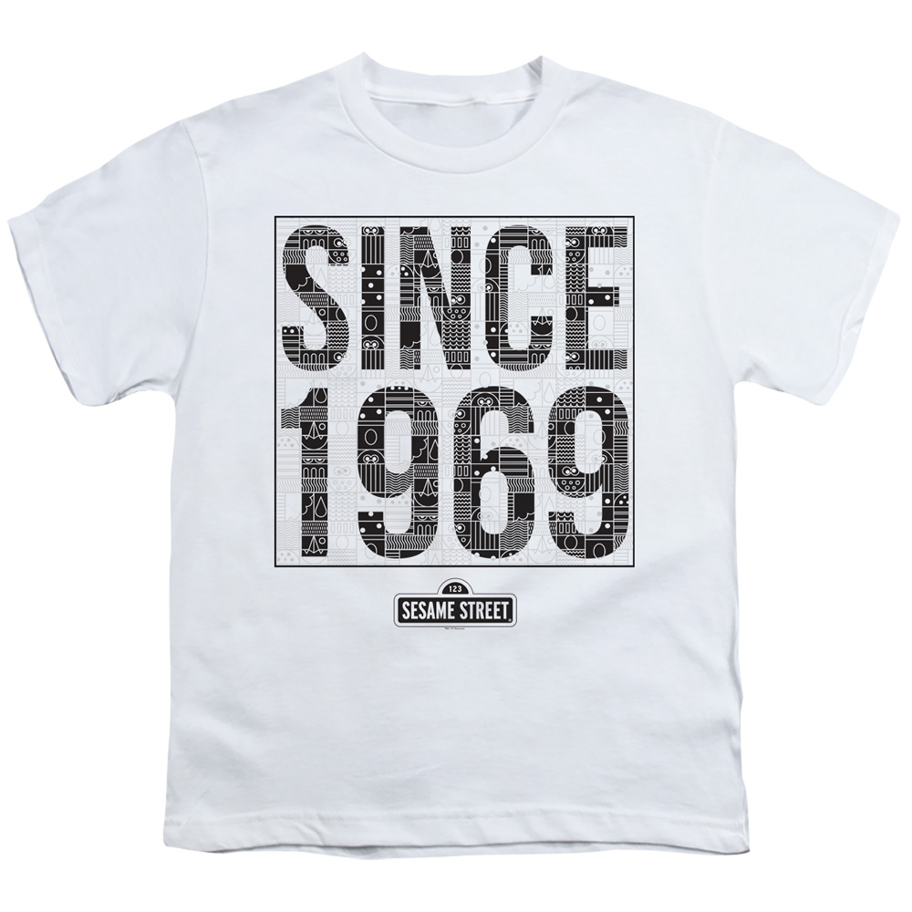 SST270-YT-2 Sesame Street & Since 1969 Pattern-Short Sleeve Youth 18-1 T-Shirt, White - Medium