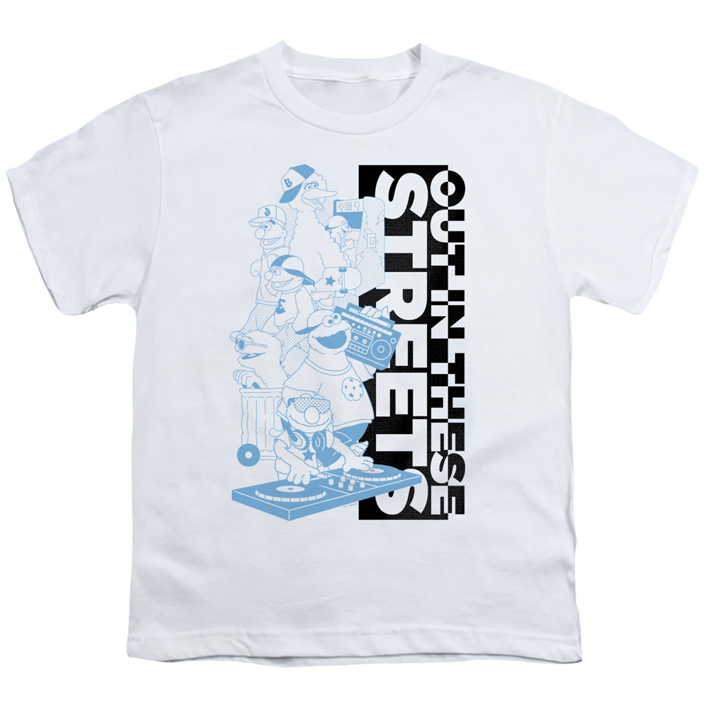 SST288-YT-4 Sesame Street & Out in These Streets-Short Sleeve Youth 18-1 T-Shirt, White - Extra Large