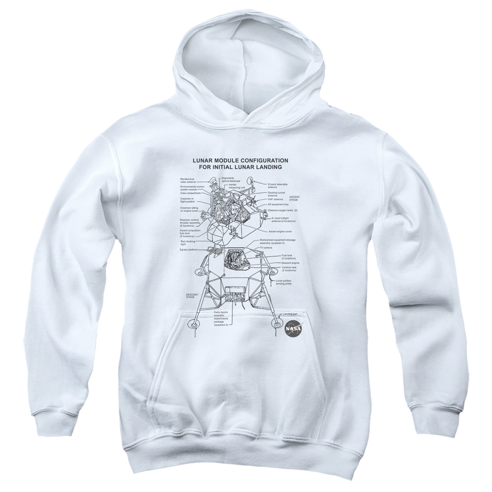 NASA & Lunar Module Diagram-Youth Pull-Over Hoodie, White - Small