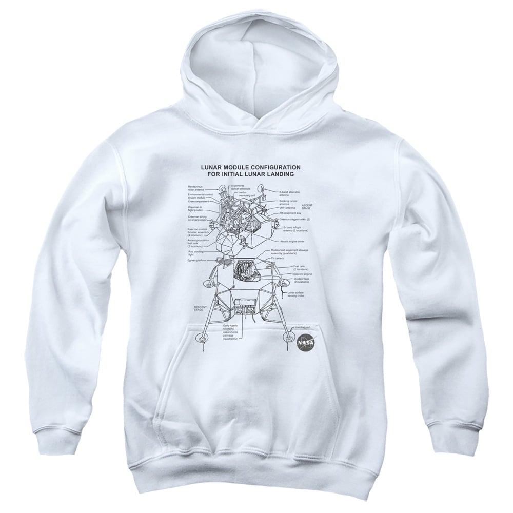 NASA & Lunar Module Diagram-Youth Pull-Over Hoodie, White - Large