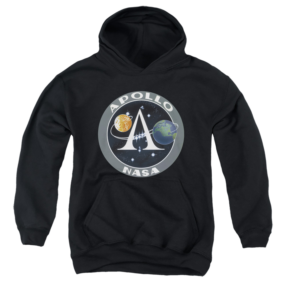 NASA & Apollo Mission Patch-Youth Pull-Over Hoodie, Black - Large