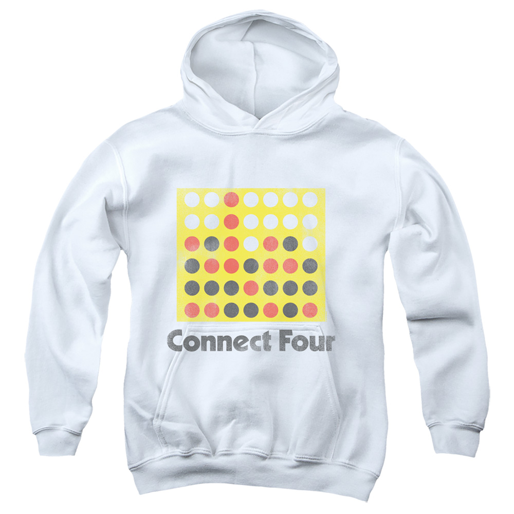 Connect Four & Classic Logo Distressed-Youth Pull-Over Hoodie, White - Medium