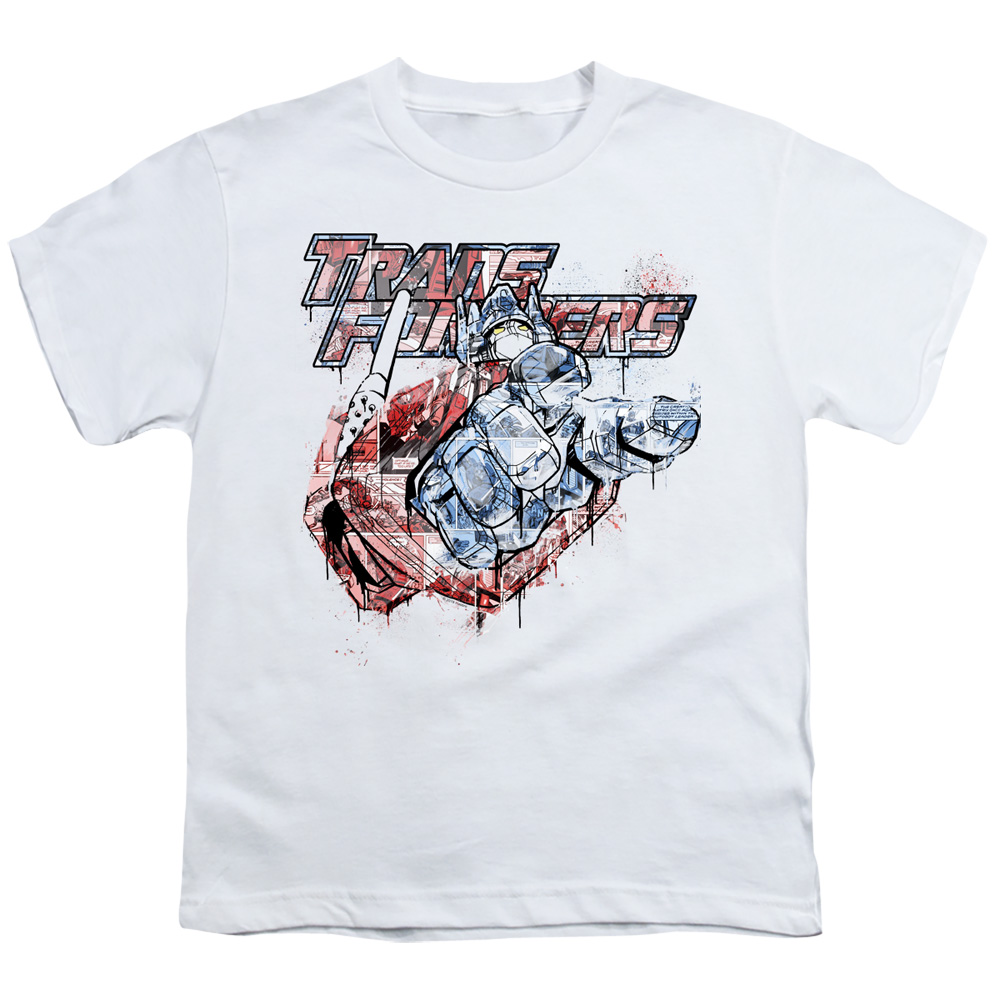 HBRO333-YT-2 Transformer Spray Panels-Short Sleeve Youth 18-1 T-Shirt, White - Medium