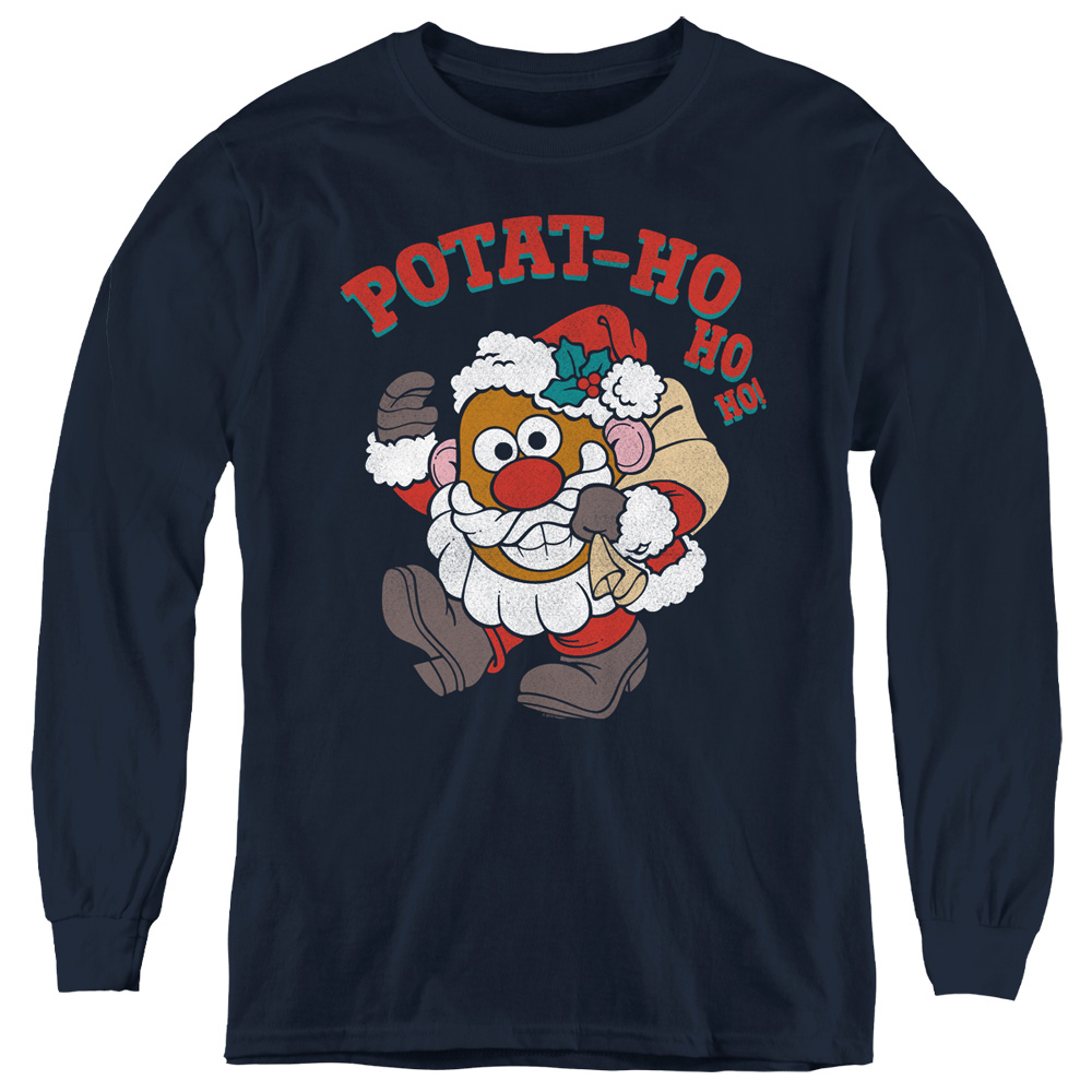HBRO203-YL-4 Mr Potato Head & Ho Ho Ho-Youth Long Sleeve T-Shirt, Navy - Extra Large