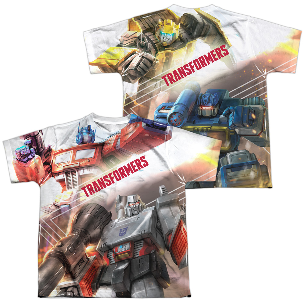 Transformers & Warriors of Cybertron Front & Back Print-Short Sleeve Youth Poly Crew T-Shirt, White - Large