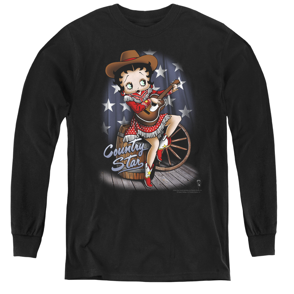 Betty Boop & Country Star-Youth Long Sleeve Tee, Black - Medium